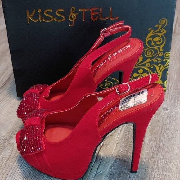 Kiss & Tell red suede and sequin bow heels Sz 8 - Picture 3 of 6